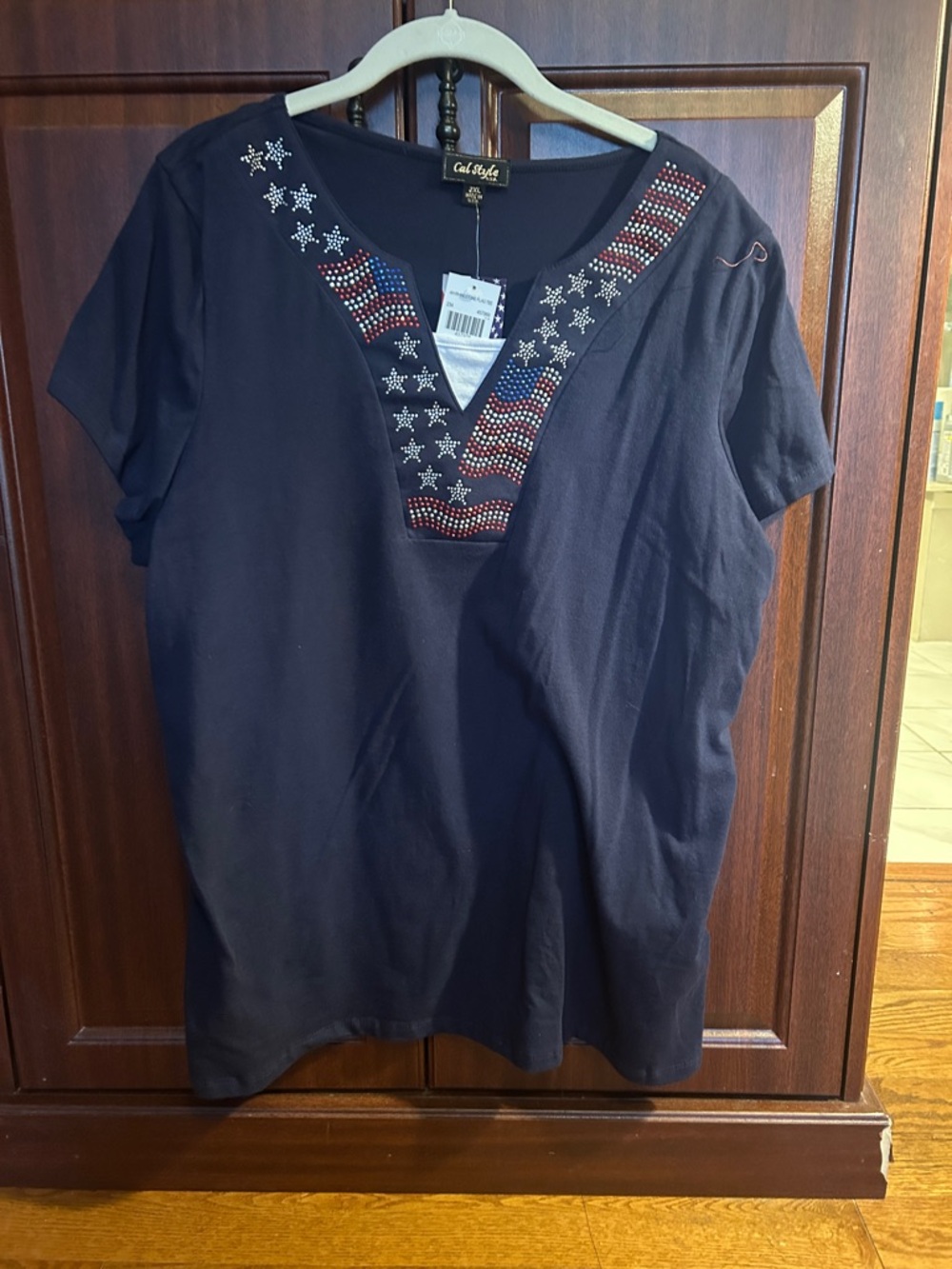 Carol Rose Navy Short Sleeve Tee with Patriotic Stud Detail